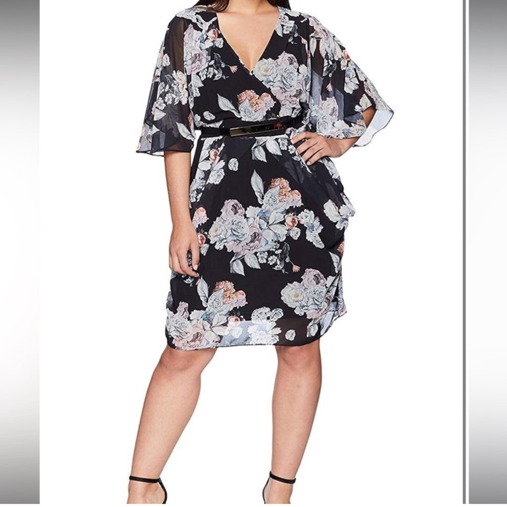 NEW City Chic Black Floral Wrap plus size Dress - Belted elastic back size 20